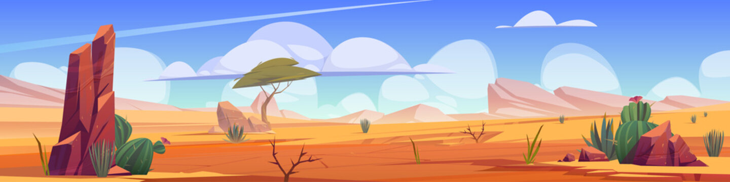 Hot desert landscape with sand, cactuses, rocks, acacia tree and grass. Vector cartoon illustration of african desert panorama with stones, dune, plants and mountains on horizon