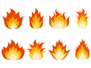 Fire icon set in flat style isolated on white background. Collection of fire icons of different shapes. Design for banners, posters and promotional products. Vector illustration