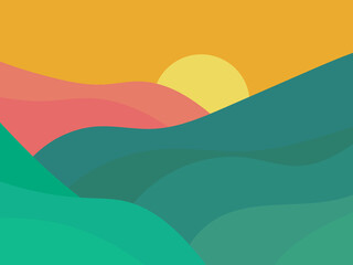 Landscape with sunrise over mountains. Green wavy hills in a minimalist style. Wavy meadows and hills. Design for posters and banners, booklets and promotional products. Vector illustration