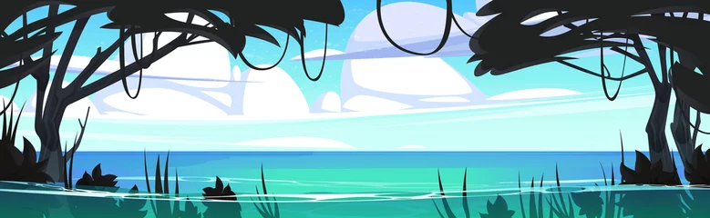 Fototapeten Tropischer Meeresstrand mit Dschungelpflanzen im Wasser. Vektor-Cartoon-Panorama-Illustration der sommerlichen Insellandschaft mit Silhouetten von Regenwaldbäumen, Lianen und Gras © klyaksun