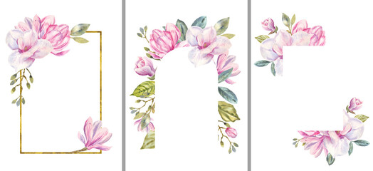 Hand drawn watercolor floral frame of flowers pink magnolia. Perfect for creating cards, invitations, wedding design.