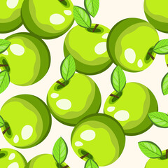 Seamless pattern with apple on color background. Natural delicious fresh ripe tasty fruit. Vector illustration for print, fabric, textile, banner, design. Stylized apples with leaves. Food concept