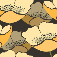 Seamless floral pattern with orange tulips. Cartoon style. Design for fabric, textile, paper. Spring colorful vector illustration, fowers with leaves. Holiday print for Birthday, 8 march