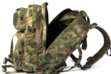 Open military backpack of khaki color on a white background