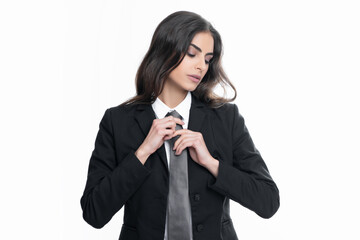Business woman in suit and tie. Confident female entrepreneur. Businesswoman correct necktie,...