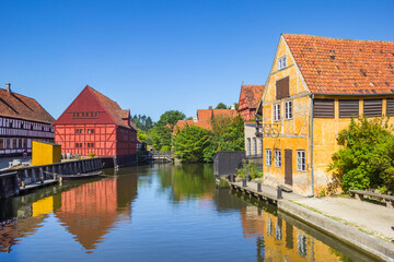 Little pond with colorful half timbered houses in the old town of Aarhus, Denmark - obrazy, fototapety, plakaty