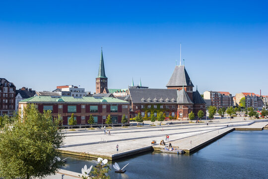 Historic buildings at the waterfront in the center of Aarhus, Denmark