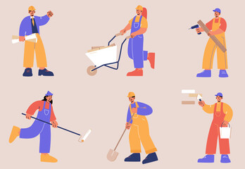 Fototapeta na wymiar Construction workers in helmets with shovel, wheelbarrow, paint roller and drill. Vector flat illustration of builder characters, repairman, engineer, painter and carpenter