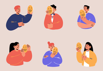 Sad people hold fake face masks with smiles. Vector flat illustration of unhappy men and women with positive masks use disguise for hide real emotions isolated on background