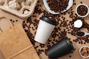 Blank brown kraft paper pouch bag with coffee beans and paper cup for your design