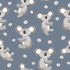 Seamless pattern with cute koala baby on color background. Funny australian animals. Card, postcards for kids. Flat vector illustration for fabric, textile, wallpaper, poster, paper