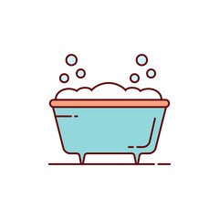 Bathtub with foam and bubbles. Colored vector illustration on a white background. Outline and line style.