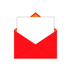 Unfolded postal red envelope with blank white sheet inside. Empty white letter. Isolated vector illustration on white background.