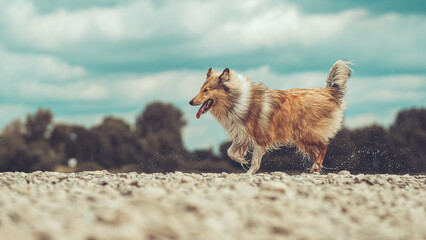 Schottischer rough Collie Langhaar Junghund sable white seitlich laufend auf Steinen Strand mit...