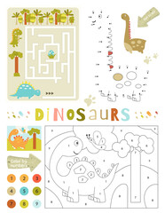 Dinosaurs Activity Pages for Kids. Printable Activity Sheet with Dino Mini Games – Maze Game, Dot to Dot, Color by Number Cute Dinosaur and Butterfly. Vector illustration.