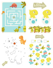 Dinosaurs Activity Pages for Kids. Printable Activity Sheet with Dino Mini Games –Maze Game, Spot Differences, Dot to Dot, How Many Baby Dinos. Vector illustration.