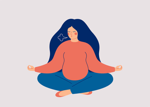 Pregnant Woman makes Breathing exercise. Female who expecting a child sits in pose lotus makes a exhale. Prenatal class and Breathing Techniques for Childbirth. Vector illustration