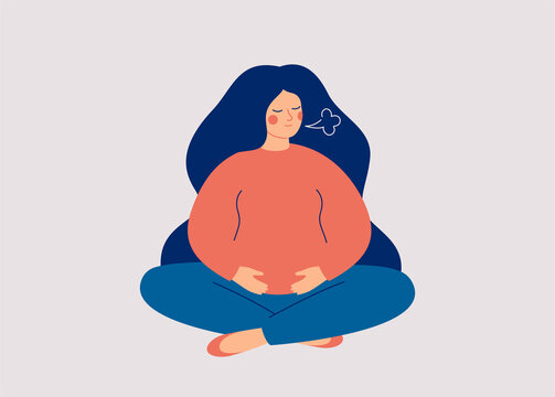 Pregnant Woman makes Breathing exercise. Female expecting a child sits in pose lotus makes a exhale. Respiratory system support during maternity. Health and wellbeing concept. Vector