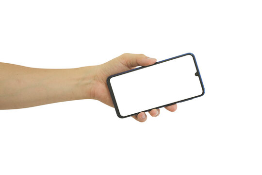 Male hand holding mobile smartphone with blank screen isolated on white background. clipping path include