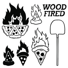 Hand drawn set wood fired pizza. Vector illustration woodfired oven.