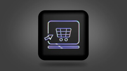 The appearance of a holographic icon on a black cube from a vortex of particles. computer screen sign with online shopping cart . - Powered by Adobe