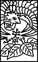 シンプルな花札の線画イラスト　師走　桐　鳳凰　12月　桐に鳳凰