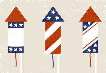 A set of fourth of july fireworks, in a cut paper style with textures
 - obrazy, fototapety, plakaty