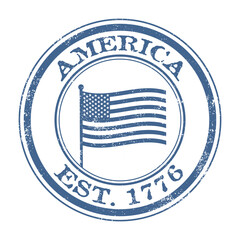 A grunge American flag symbol stamp, America est. 1776 text. Isolated on white background. 
