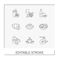  Fruits line icons set. Different types of tropical fruits. Balanced nutrition. Diet concepts. Isolated vector illustrations. Editable stroke