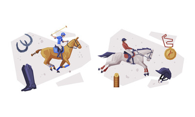 Jockey Club with Man Riding Horse Sitting on Horseback in Saddle Vector Composition Set