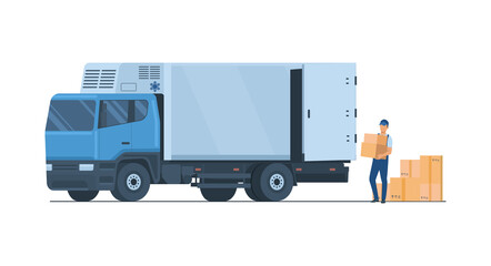 The driver unloads boxes from a refrigeration truck. Vector illustration.