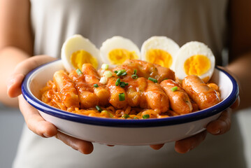 Korean spicy instant noodle with Tteokbokki, sausage and egg on plate holding by hand