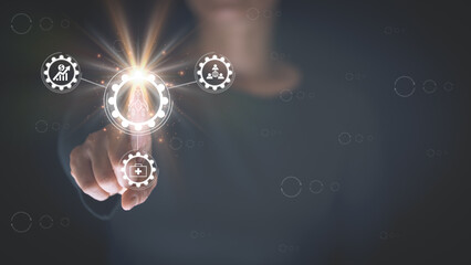 business woman pointing finger at icon, Optimize business process workflow