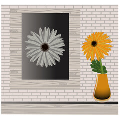 Colorful gerbera flower in vase and monochrome flower picture. Light brick wall background. Vector illustration.