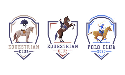 Equestrian Club Logo and Emblem with Jockey on Horseback Vector Set