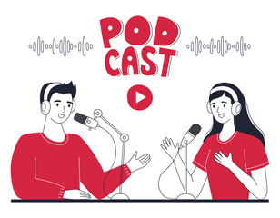 Young girl and boy record a podcast, online radio show. People with headphones are talking into a microphone. The concept of podcasting, broadcasting.Outline doodle vector characters isolated on white