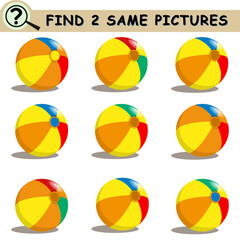 Find same pictures with cartoon inflatable balls. Educational logical game for children. Vector illustration.