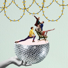 Contemporary art collage. Creative colorful design. Group of young people dancing on disco ball, having party, celebration