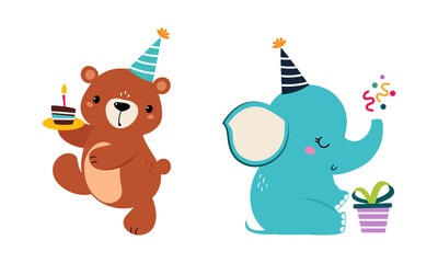 Cute Elephant and Bear Animal Congratulating with Birthday Holiday with Cake and Gift Box Vector Set