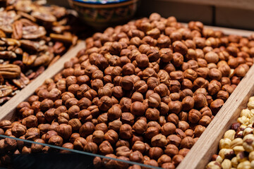 Close-up of assorted nuts on market counter