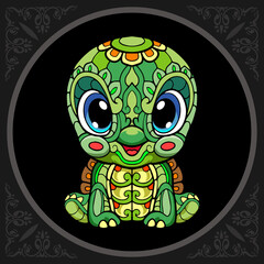 Colorful cute turtle head cartoon zentangle arts. isolated on black background. 
