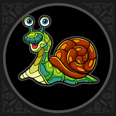 Colorful cute snail cartoon zentangle arts. isolated on black background. 