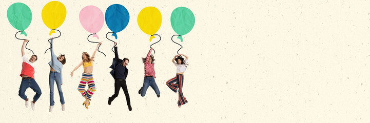 Creative colorful design. Group of young stylish people cheerfully jumping with air balloons,...