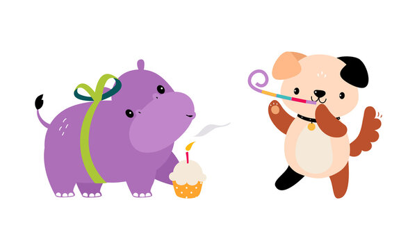 Cute Hippo and Dog Animal Congratulating with Birthday Holiday with Cupcake and Blowing Whistle Vector Set