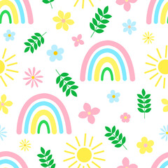 Fototapeta premium Seamless pattern rainbow sun flowers leaves vector illustration