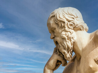 Socrates' marble statue, the famous ancient Greek philosopher, in a thoughtful representation. Athens, Greece.
