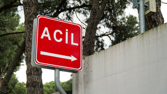 Acil emergency sign in red colour around a hospital