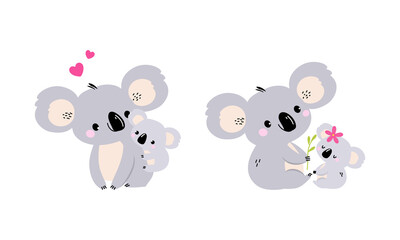 Adorable Koala Arboreal Australian Animal with Round Ears and Little Baby Cub Vector Set