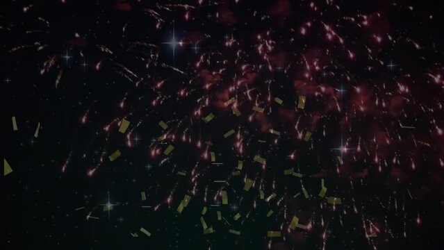 Animation of falling colourful confetti and fireworks over black background