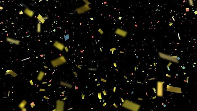 Animation of falling colourful confetti over black background